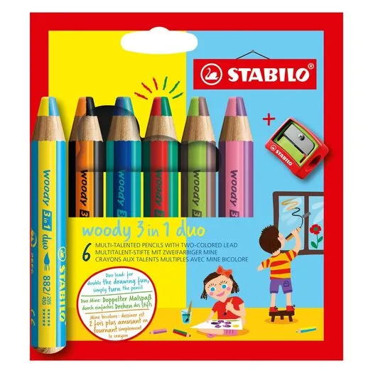 STABILO WOODY 3 IN 1 DUO  MULTITALENT KLEURPOTLOOD  SET 6 ST. + PUNTENSLIJPER
